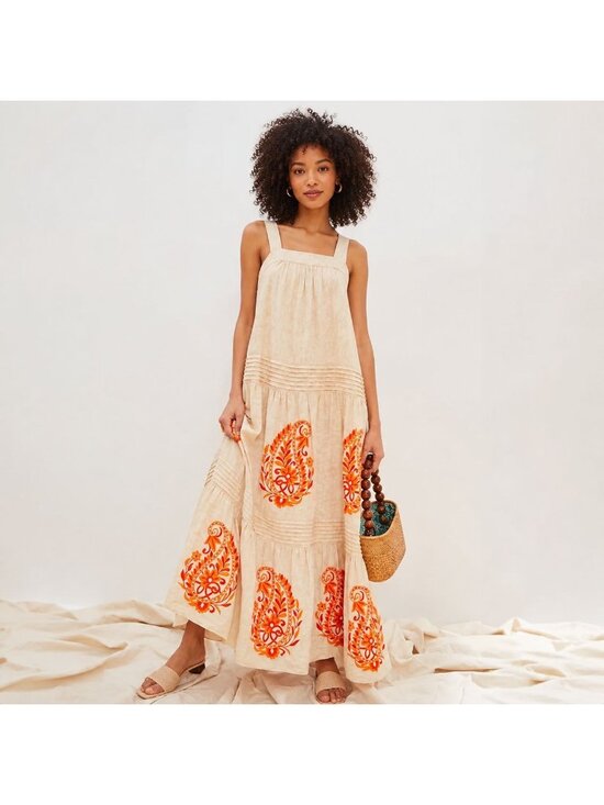 Anthropologie Dresses & Skirts - Anthropologie Felicity Embroidered Maxi Dress Ivory Orange Boho Cotton Sz M